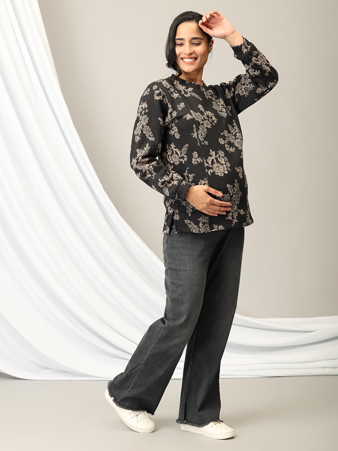 The Mom Store Maternity and Nursing Winter Wear Sweatshirt | Feeding Sweatshirt for Pre and Post Pregnancy | Top | Bloom in The Dark, Black | S 4