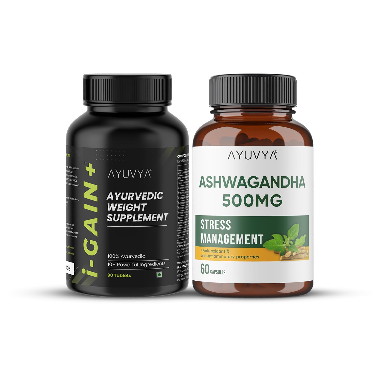Ayuvya i-Gain+ & Ashwagandha Capsules | i-Gain+ for Increasing Muscle Mass & Strength | Ashwagandha for Stress Relief, Immunity Support & Muscle Strength