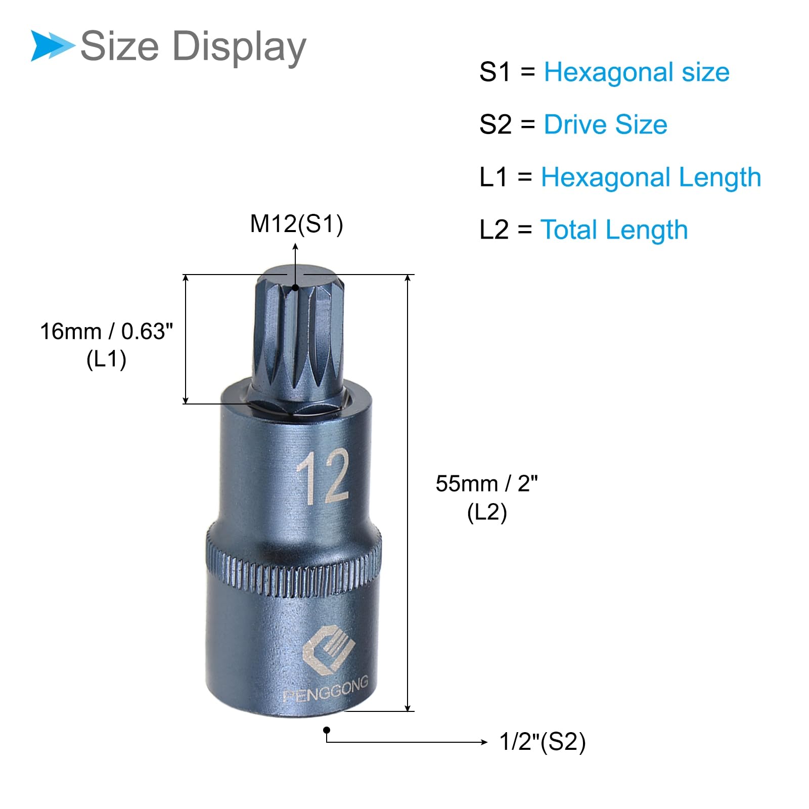 CoCud Triple Square Spline Bit Socket, M12 Bit 1/2" Drive 2" Length, Star S2 Alloy Steel Cr-V Socket Blue - Image 2