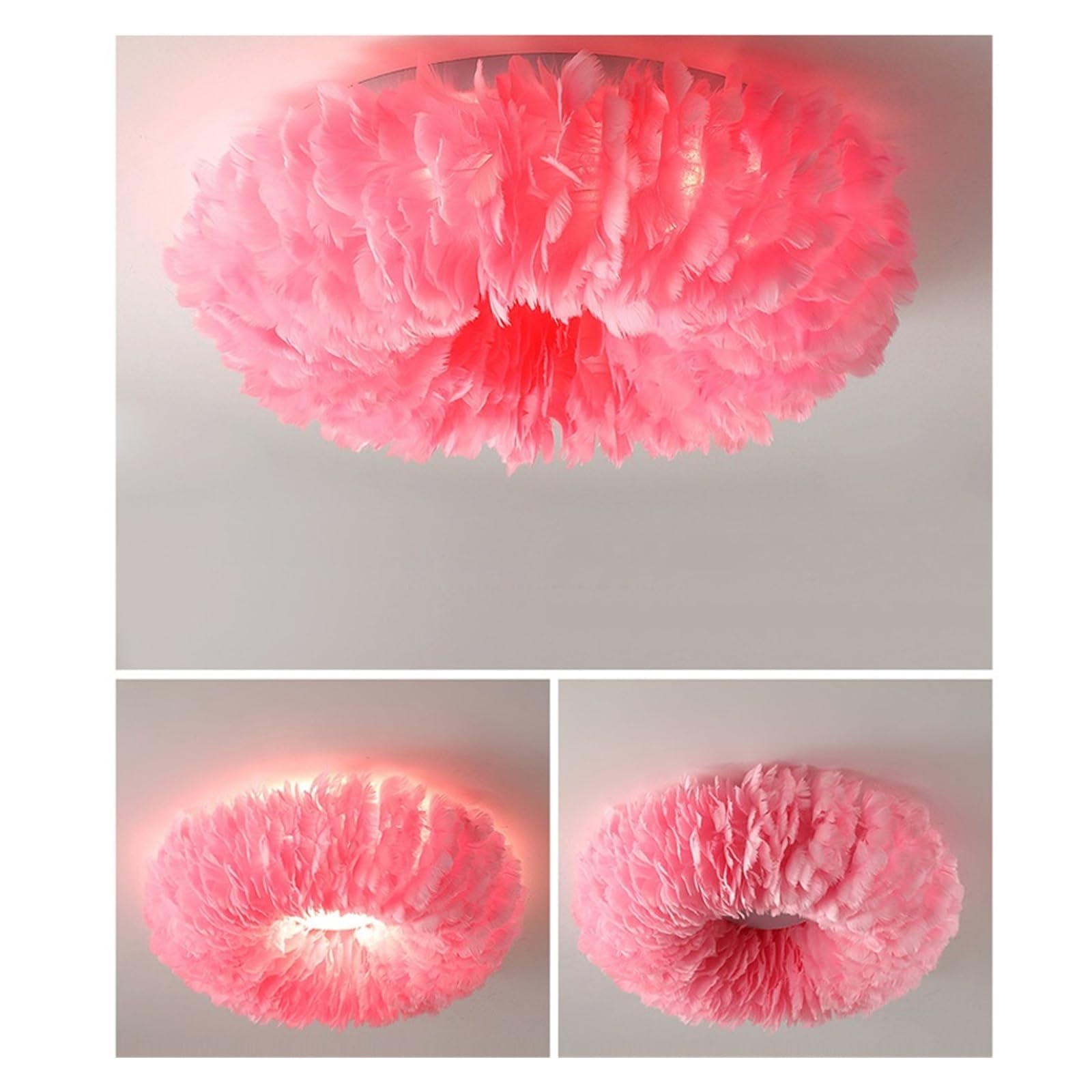 Lámpara de techo LED de pluma nórdica blanca/rosa/gris/amarilla, luz de montaje de hierro de sombra tejida a mano for sala de estar de dormitorio de niños