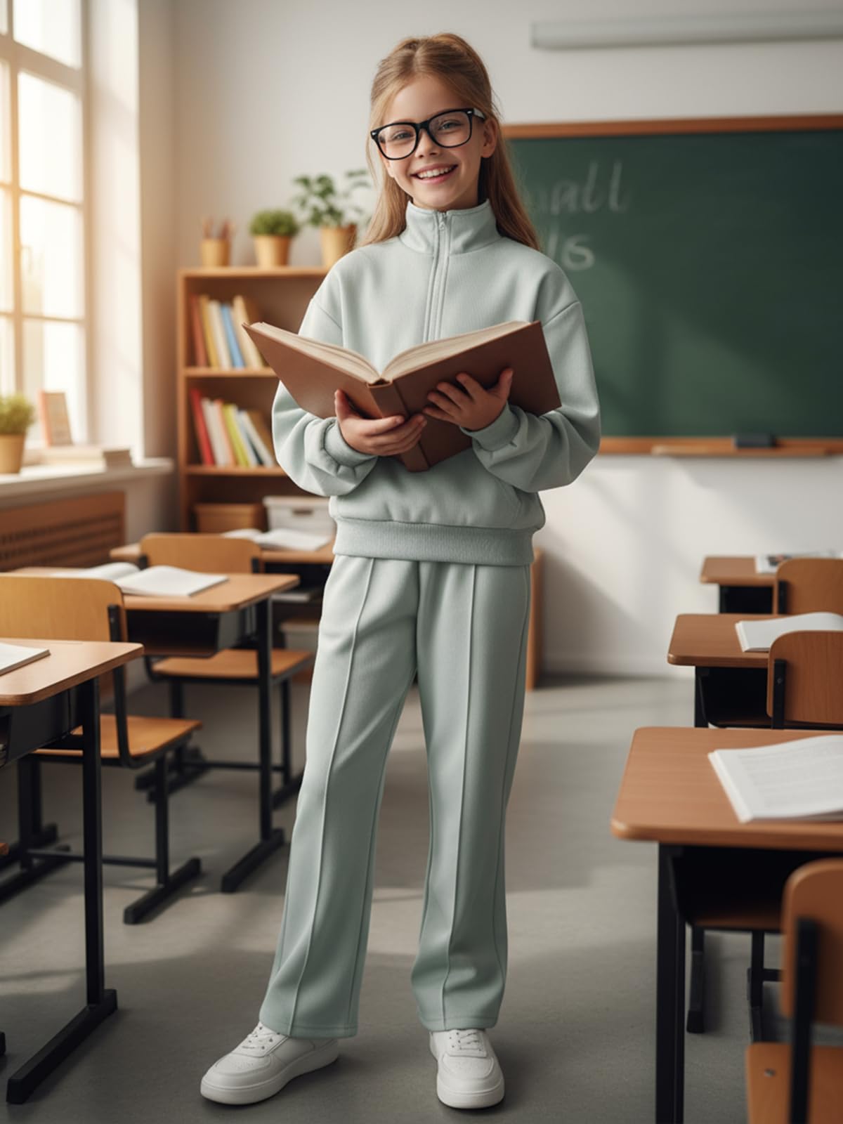 Valcatch Tuta da ragazza in 2 pezzi, con mezza zip, felpa e pantaloni a gamba larga, per autunno e inverno, stile casual