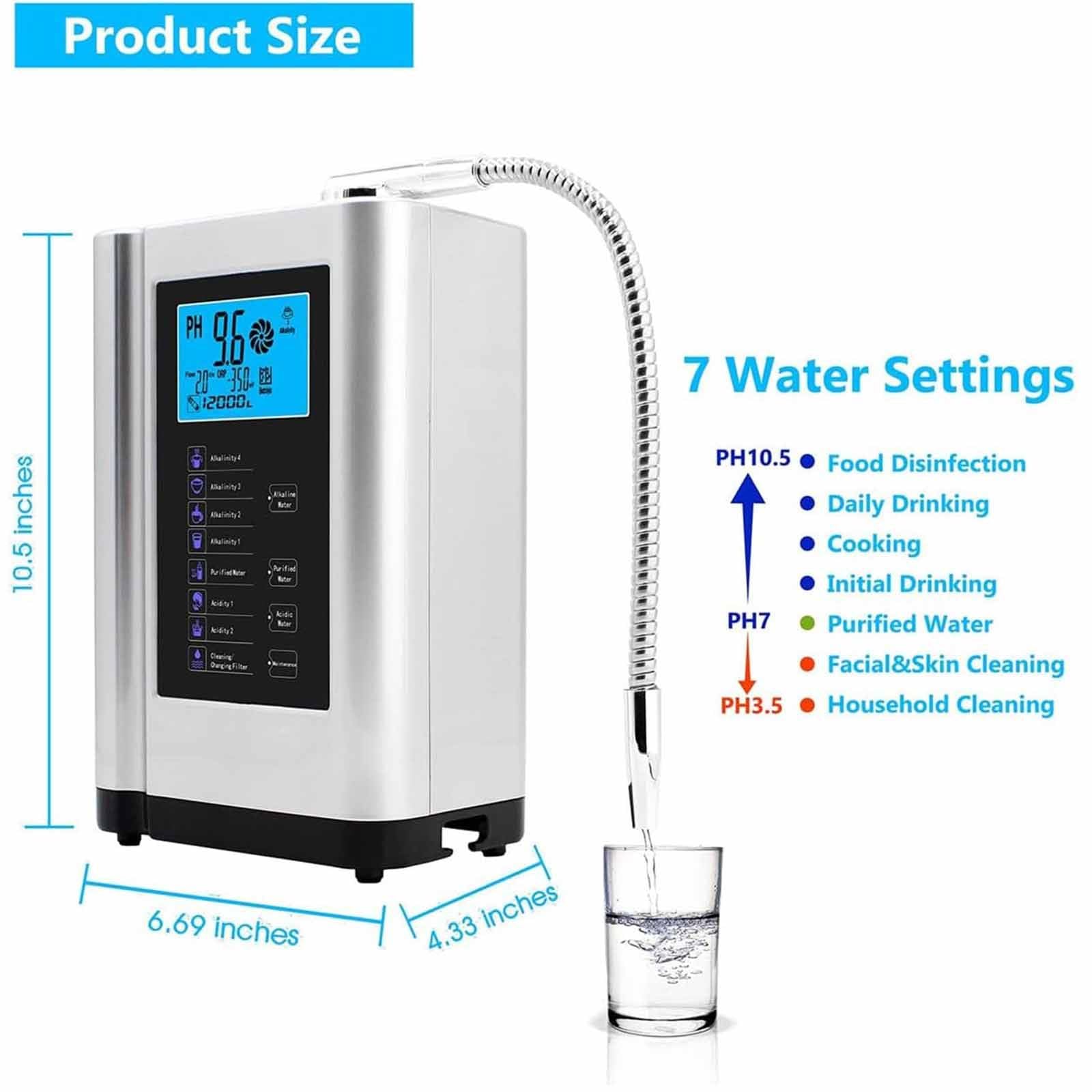 Macchina Ionizzatore Acqua Alcalina, Sistema di Filtraggio dell'Acqua Domestica PH 3,5-10,5, Filtro per Acqua Potabile Acida Alcalina Domestica LCD da 3,8 Pollici,Silver