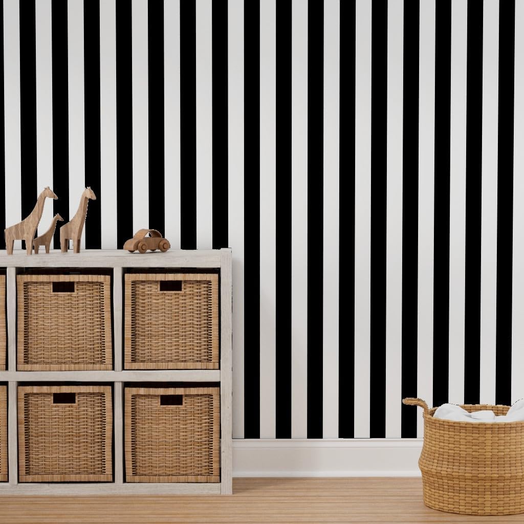 Spoonflower Removable Wallpaper 3ft x 2ft - Inch Black White Stripes Vertical Classic Simple Home Decor Traditional Custom Pre-Pasted Wallpaper