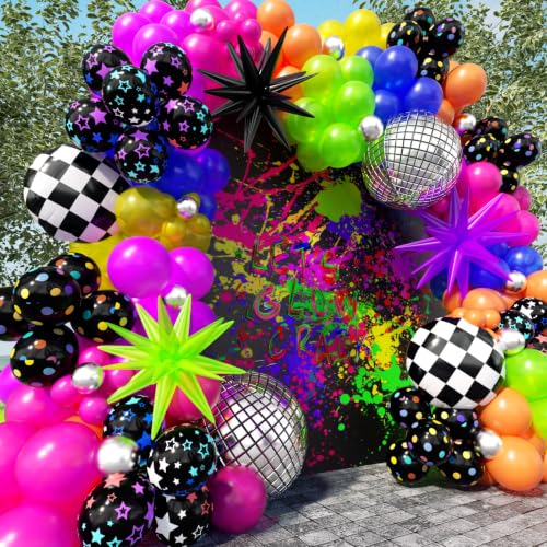 Image of 230Pcs Neon Balloons Arch Garland Kit with Glow in the Dark Balloons, Neon Balloons Arch Kit with Checkered Balloon for Back to 80s 90s DISCO Birthday Let's Glow Party Rock Roll Party Supplies