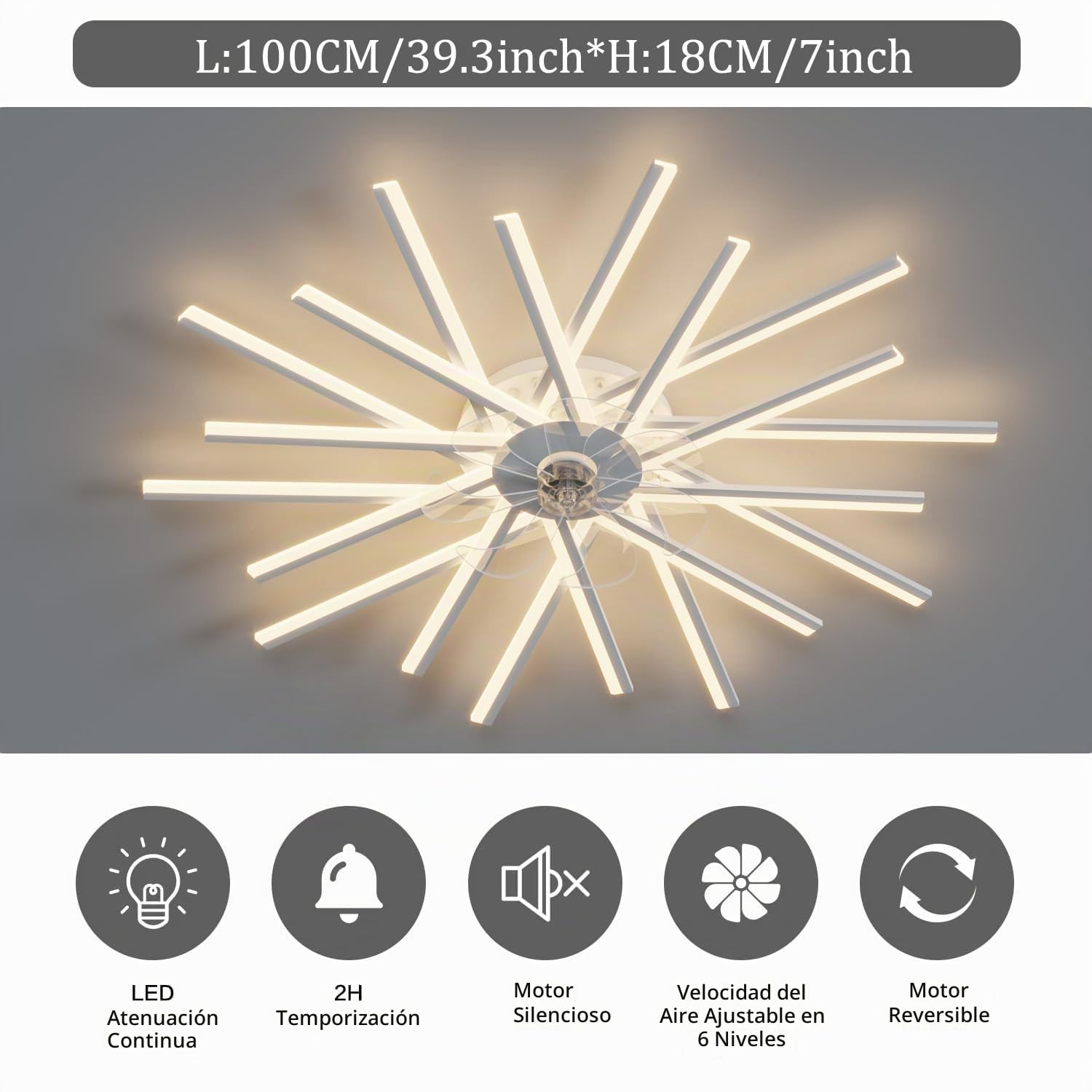 YUNZI Ventilador De Techo Grande De 100CM con Luz Y Mando A Distancia Función Reversible Invierno Y Verano Ventilador De 6 Velocidades Luz LED Regulable para Salón Dormitorio