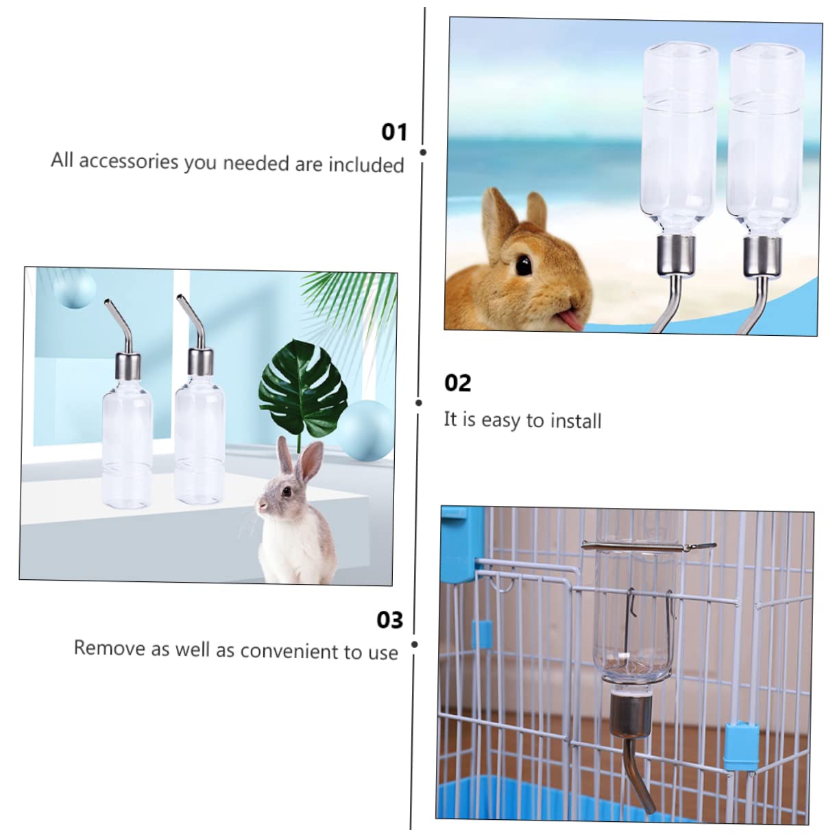 6piezas Botella De Agua para Mascotas Diseño Colgante Bebedero para Hámster Conejos y Cobayas Fabricada y Inoxidable Sistema Antigoteo y Fácil Instalación Pack