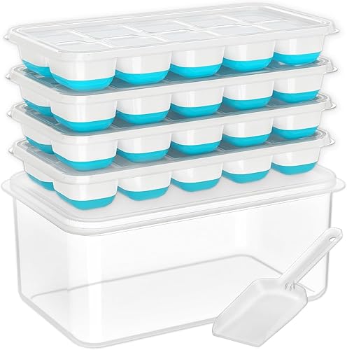 DOQAUS Ice Cube Tray with Lid and Bin, 4 Pack Silicone Plastic Ice Cubes Trays for Freezer with Box/Container, Stackable with Storage Iced Bucket Kits, Scoop, for RV, Soup, Food, Cocktail, Coffee - Blue - 8.2*4.5*3.6IN - 4 Pack