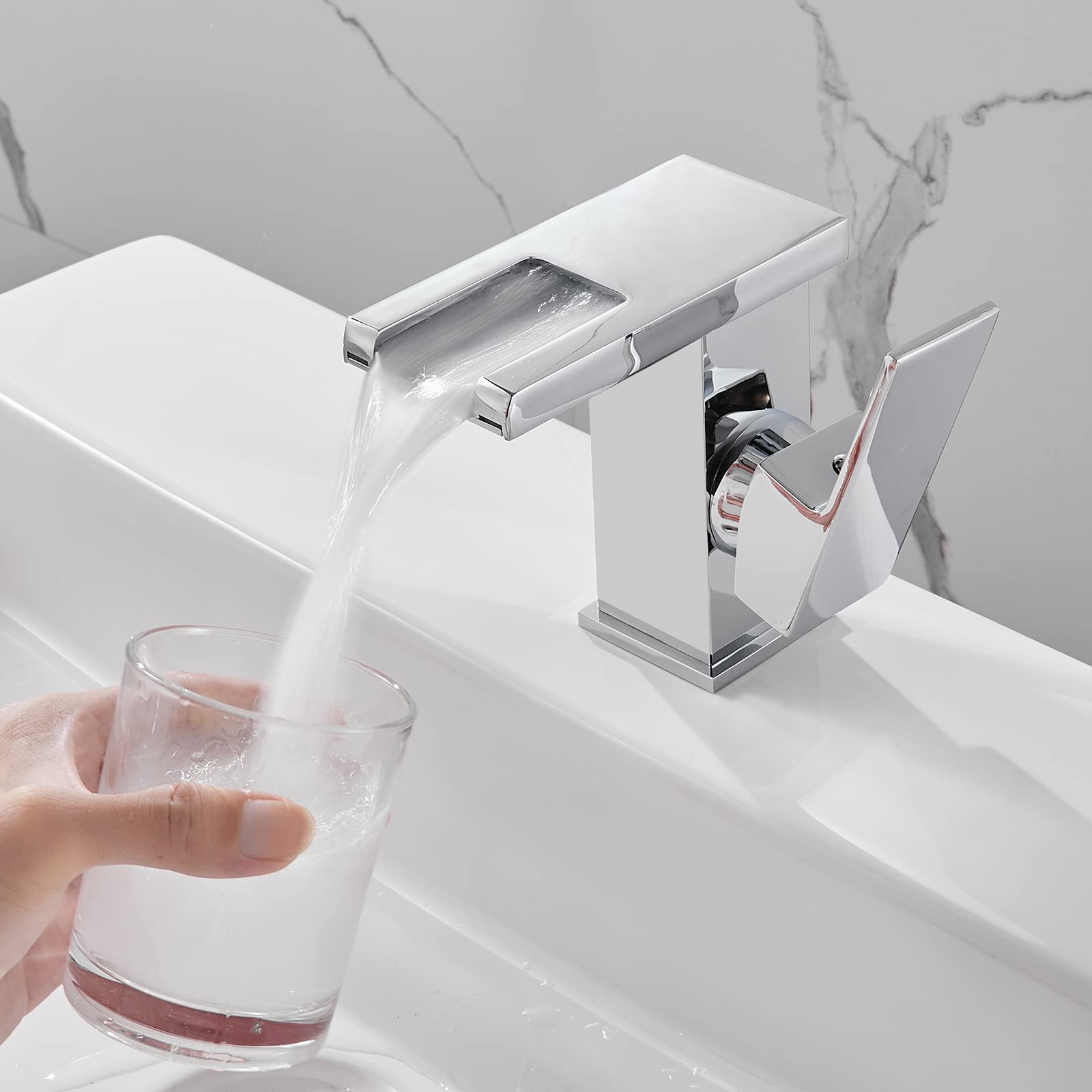 ROVOGO Led Light Bathroom Sink Faucet Waterfall, 3-Color Changing Lavatory Vanity Faucet Single Handle 1 Hole, Modern Led Faucet Chrome, No Batteries Needed