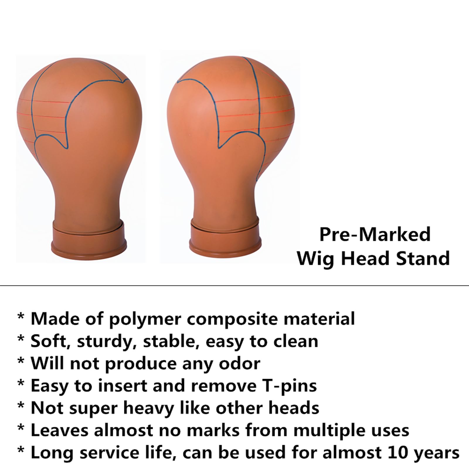 Mannequin Wig Head with Guide Lines, 22-Inch Brown