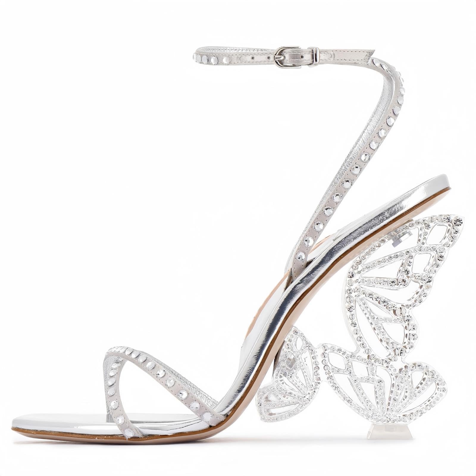 Longwenxuan Rhinestone Butterfly Stilletos Heels Sandals for Women, Open Pointed High Heels Sandals Ankle Strap Buckles Elegant Wedding Dress Shoes