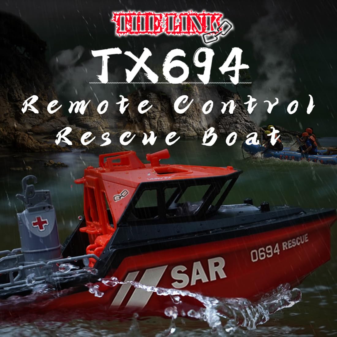TX694 1/32 Hochgeschwindigkeits-RC Rettungs-Schlepperboot, 2,4GHz Ferngesteuertes Wasserfahrzeug mit Wasserdichtem Rumpf, Displayständer, Wiederaufladbarem Akku & 50 m Reichweite für Pool & See
