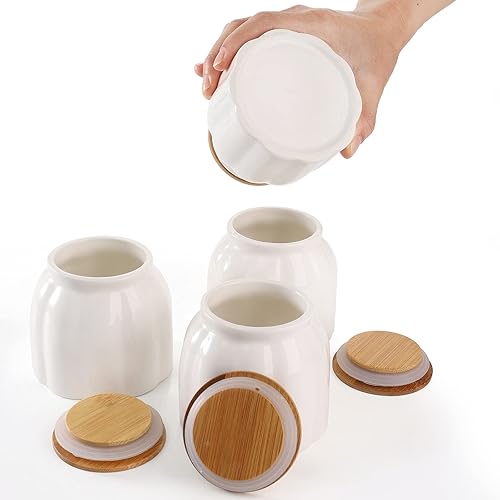 Miniatura 6 de DEAYOU Paquete de 4 tarros de cerámica para almacenar alimentos, recipiente de cocina de porcelana de 9.5 onzas con tapa hermética de bambú,