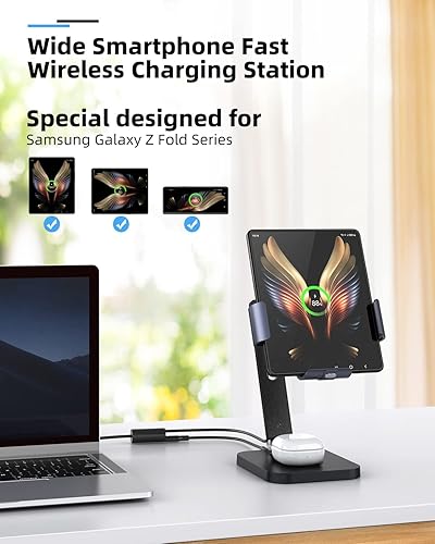 Miniatura 2 de 2in1 15W Triple Coil Qi Cargador inalámbrico Espejo Soporte Estación para Samsung Galaxy Z Fold6 Fold5 Fold4 Z Fold3 Fold S24 Ultra Note20 iPhone 15