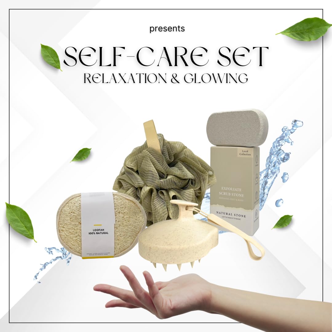 Exfoliating Bath Set 4-Piece – Loofah, Pumice Stone, Scalp Massager & Body Scrubber | Spa Gift Set | Home Spa Kit