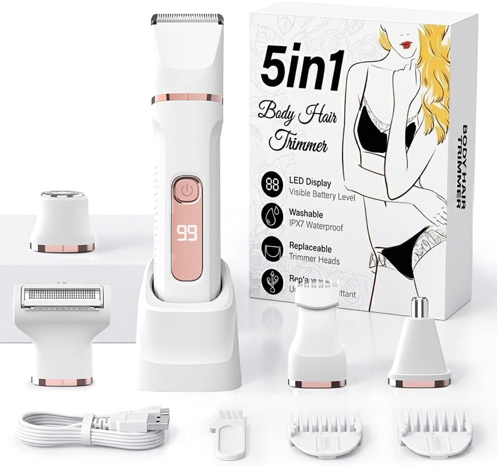 Bikini Trimmer for Women,Electric Shaver for Women, IPX7 Waterproof Razor Shaver,Women's Electric Razor,Intimate Shaver for Women,with 5 Blades,USB-C Rechargeable,Recharge Dock（White