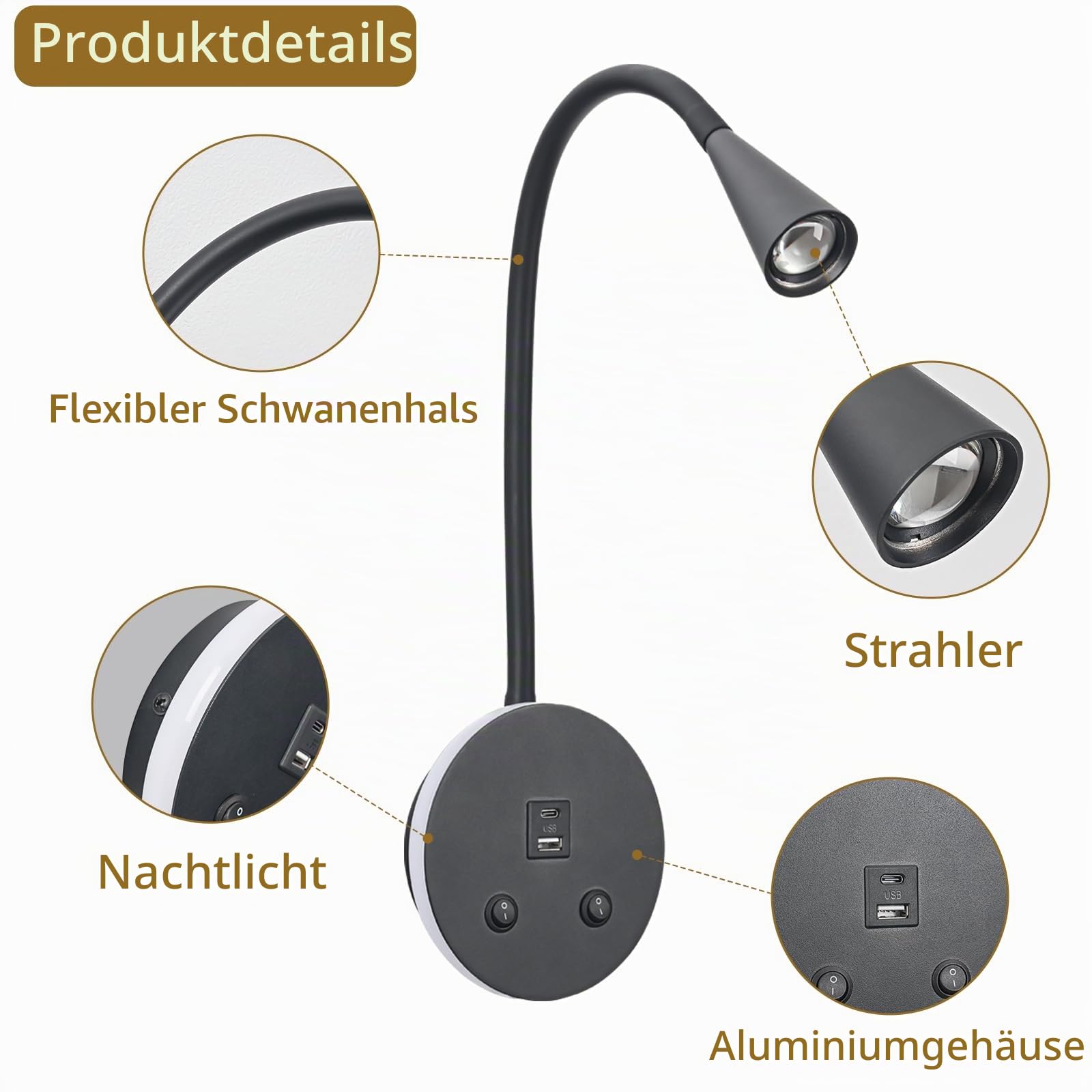 Buchlichter zum Lesen in der Nacht, LED Wandmontage-Leselicht, flexible Schwanenhals-Wandlampen für Schlafzimmer, Plug-in-Wandleuchten mit USB-Aufladung, Nachttisch-Wandleuchten, fokussierte Bettlampe