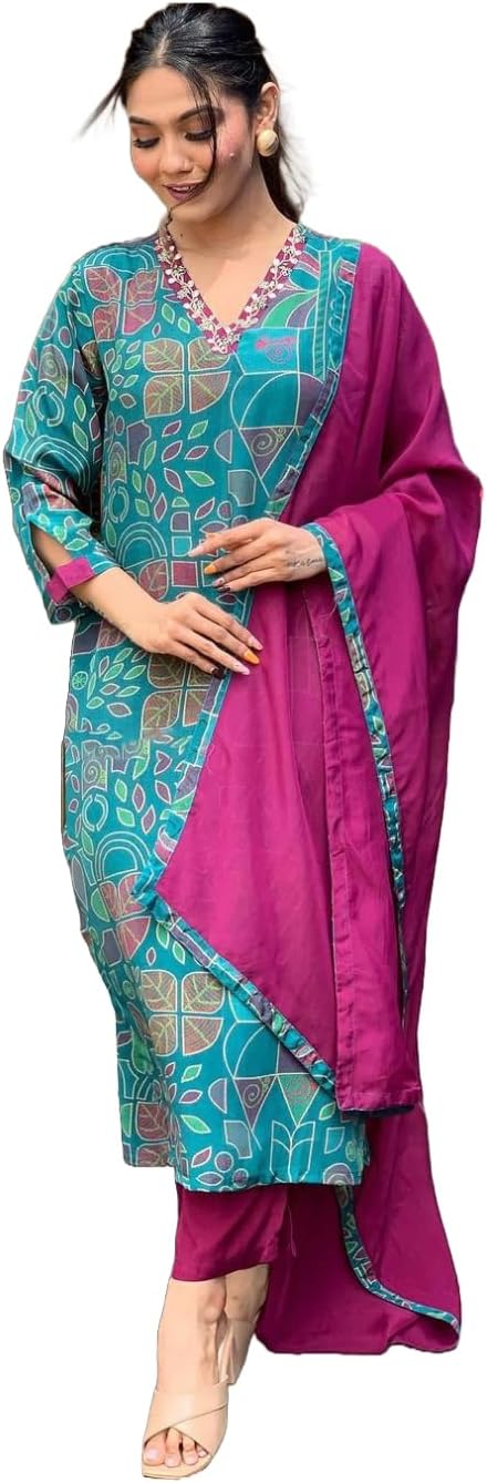 GoSriKiWomen's Cotton Blend Kurta with Pant & Dupatta