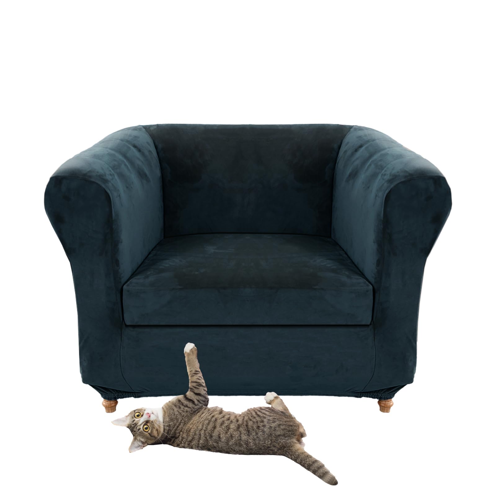 Stretch Velvet Chesterfield Sofa Cover Couch Cover with Seat Cushion Cover for Curved Chaise Armchair Vintage Style (Navy Blue Chair + 1 Small Seat)