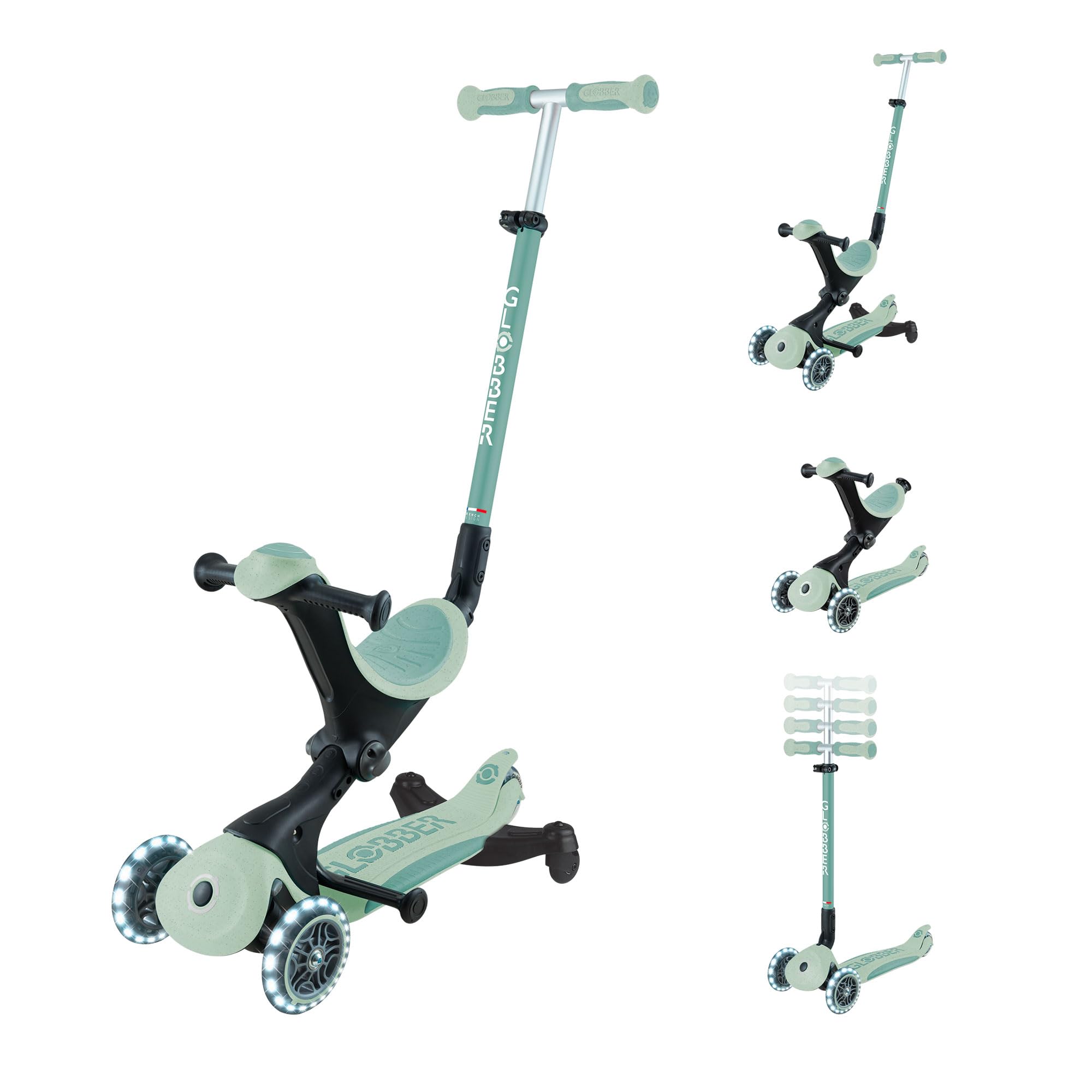Globber - GO•UP Deluxe Lights ECO 360 - Trottinette évolutive 3 Roues avec siège et Module 360, pour Les Enfants de 15 Mois à 6 Ans, Vert Pistache