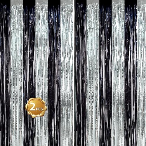 Image of BEISHIDA 2Pcs Black Silver Door Streamers Congrats Grade 2026 Decoration Backdrop Foil Fringe Tinsel Party Streamers Curtains for Birthday Graduation Bachelor Party Decoations (3.28 ft x 6.56 ft)