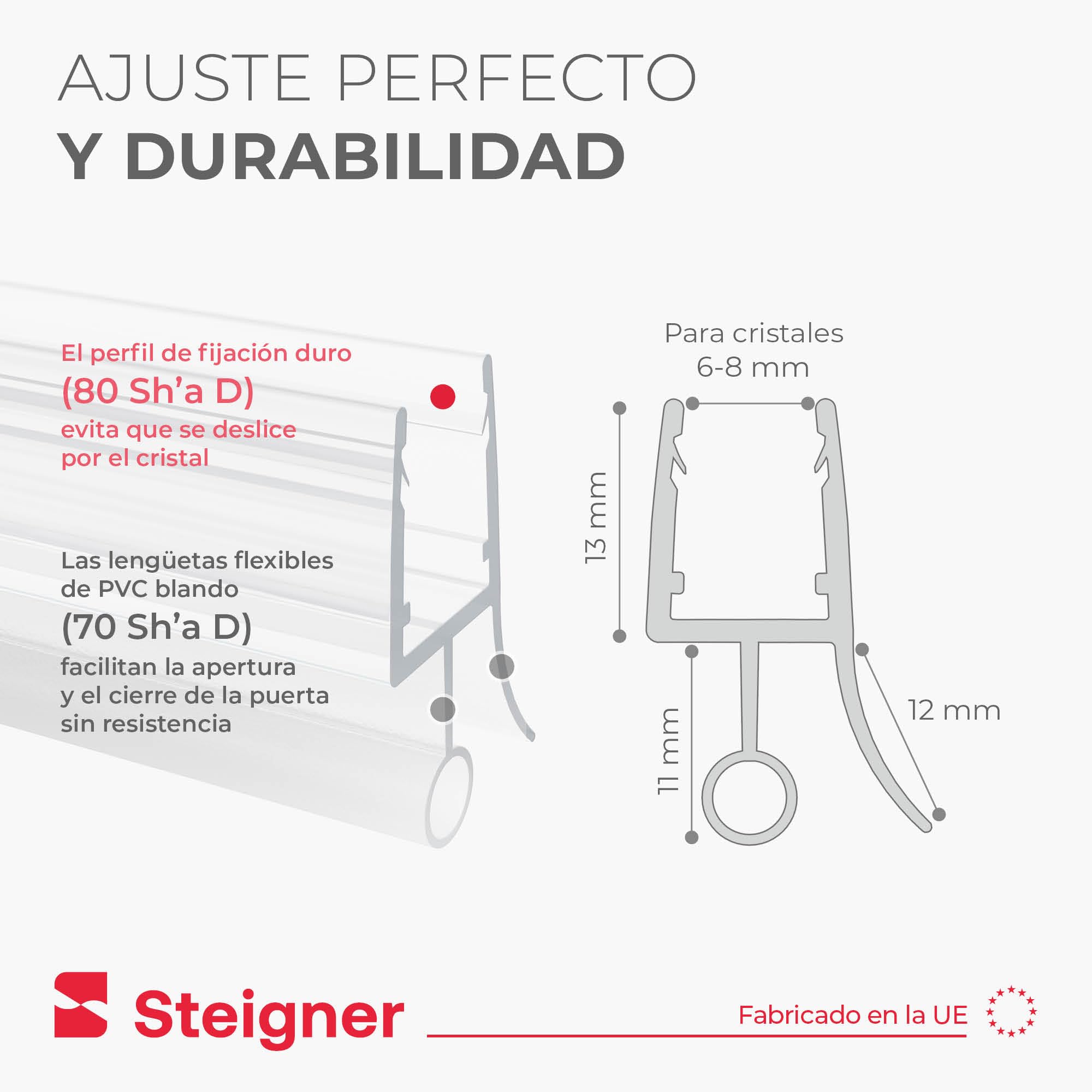 STEIGNER Junta mampara ducha UK08 90 cm (1 ud.) transparente - Junta vertical para ducha angular o pentagonal con puerta 6-8 mm - Ajuste perfecto, Impermeable, Fácil instalación, Acabado discreto