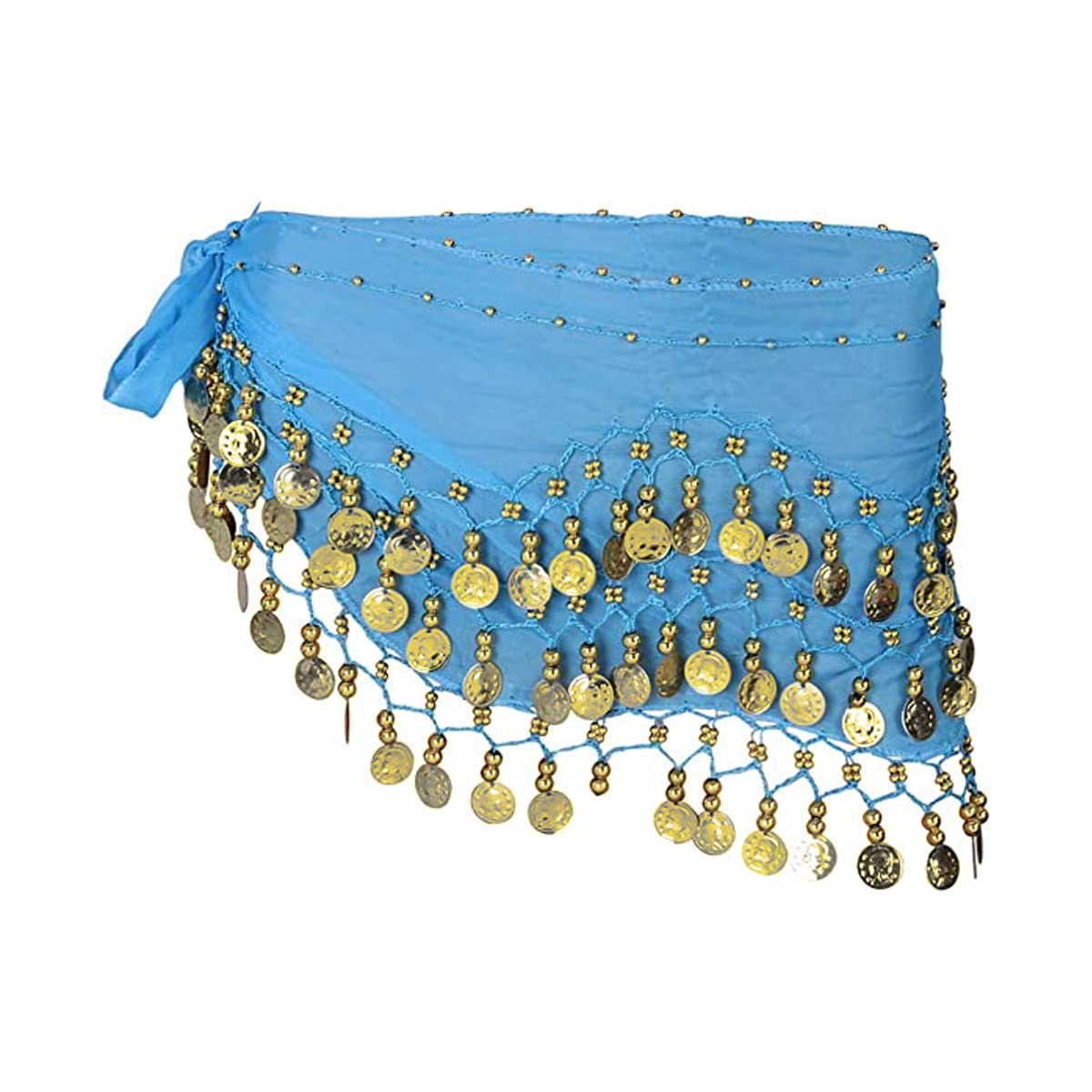 Samheng Women's Blue Belly Dance Hip Scarf With 128 Dangling Gold Coins, Chiffon 3 Rows Belly Dance Skirt Wrap Belt, Belly Dance Costume Accessories For Girls