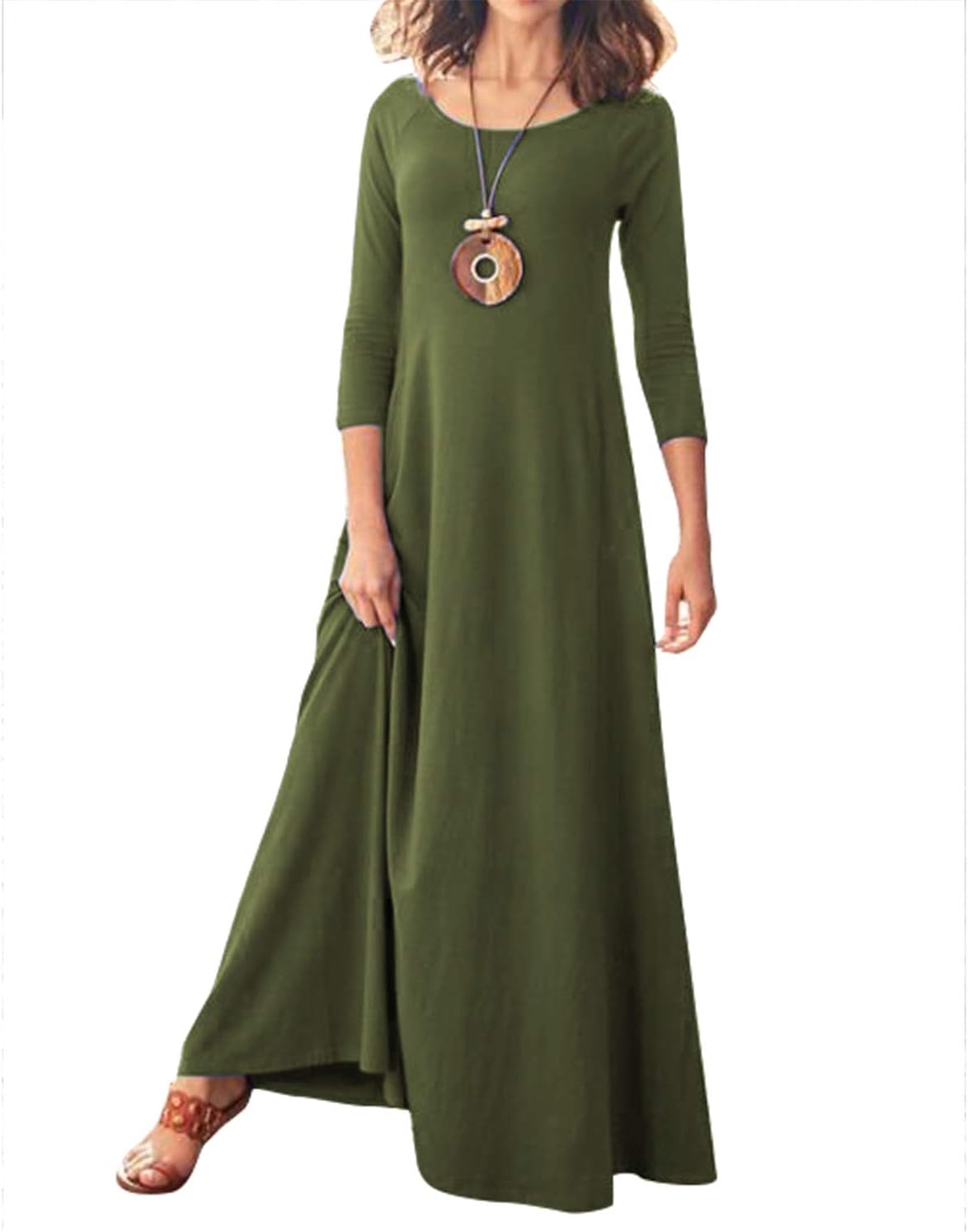 Jacansi Women's Cotton 3/4 Long Sleeve Maxi Dress Casual Home Dress Pocket Oversize - Image 2