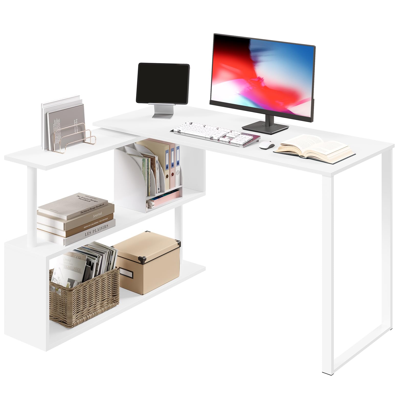 WOLTU Escritorio en L con Estantes Giratorios, Mesa de Ordenador Blanco 120x50cm, Mesa de Trabajo, Escritorio Esquinero