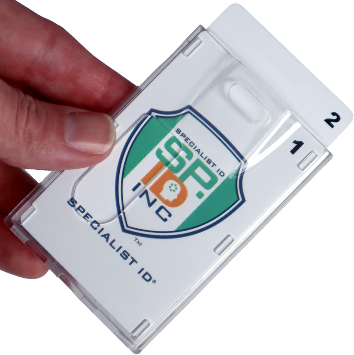 Specialist ID Bulk 50 Pack - Heavy Duty Crystal Clear 2 Card Badge Holder - Vertical Dual Sided Holds Two Cards - Polycarbonate Rigid Plastic ID Cases with Secure Top Load