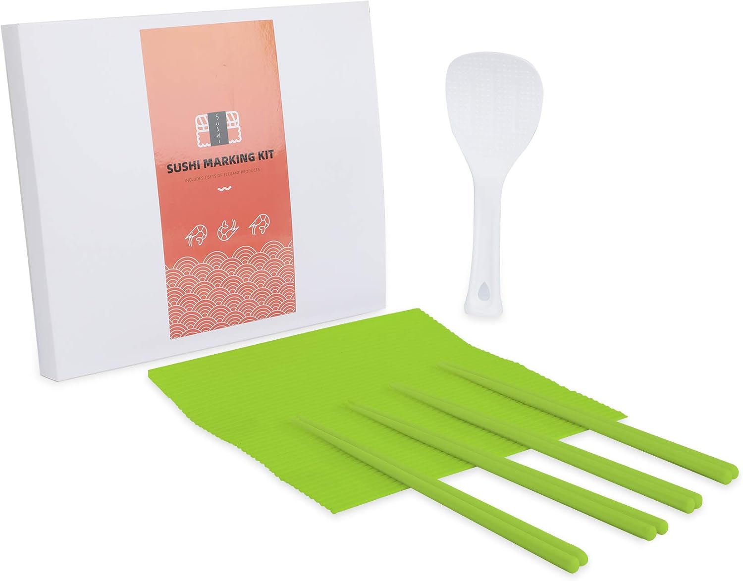 QFFQ Sushi Rolling Mat Kit, Premium Plastic Nonstick Sushi Making Kit with 4 Pairs Chopsticks and 1 Free-standing Rice Spoon Kitchen Homemade DIY Sushi Plate BPA Free Durable Green