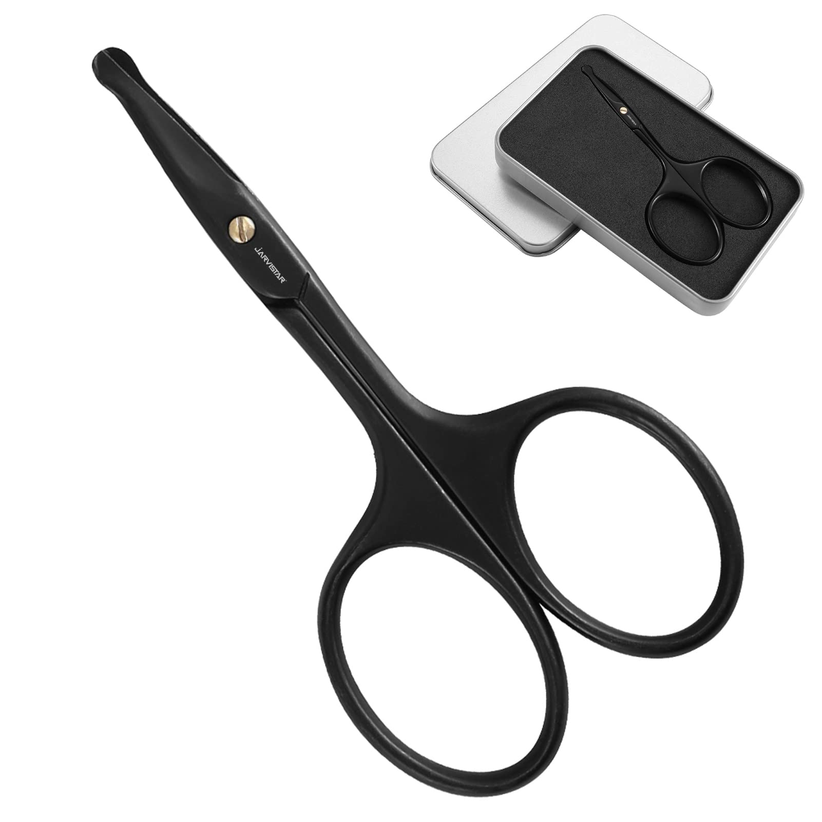 JARVISTAR Tijeras para el pelo de la nariz, Tijeras para el pelo de los oídos Tijeras para la barba Punta curvada de acero inoxidable Punta redondeada, para cejas Hombres, 9,5 cm Negro
