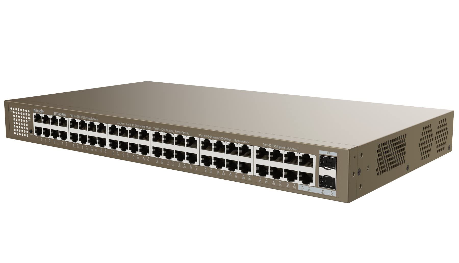 50 perde bağlantı noktalı Gigabit Ethernet anahtarı, 48 Gigabit bağlantı noktası + 2 Gigabit bağlantı noktası SFP anahtarı, yönetilemez, VLAN, yıldırım koruması 6 kV, LED gösterge, Masa/Duvar/Raf