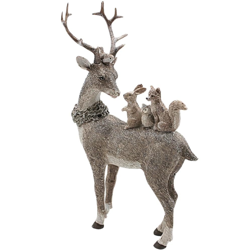 Dekohelden24 Hirschdeko, Deko-Rentier, Deko-Hirsch, Hirsch mit Geweih und 3 Eichhörnchen auf dem Rücken aus Keramik in grau, Größe L/B/H ca. 16 x 5 x 26 cm.