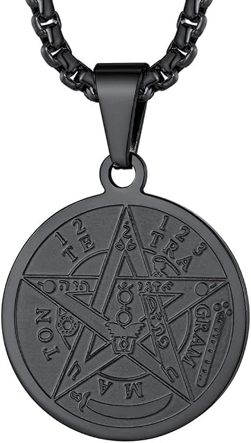 FaithHeart Personalized Custom Solomon Pendant Stars Necklace Engraving Pentagram Wealth Honor Runic Medal Protection Jewellery Silver/Black/Gold Plated Magical Necklaces Occult Gift-Stainless Steel