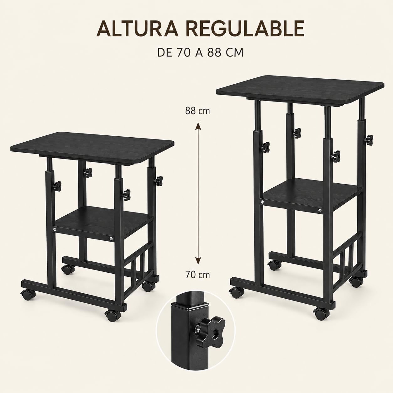 Mesa Auxiliar con Ruedas y Estantes - Escritorio Regulable en Altura 60 x 40 cm - Mesa para Ordenador Portátil, Sofá y Cama con Almacenamiento