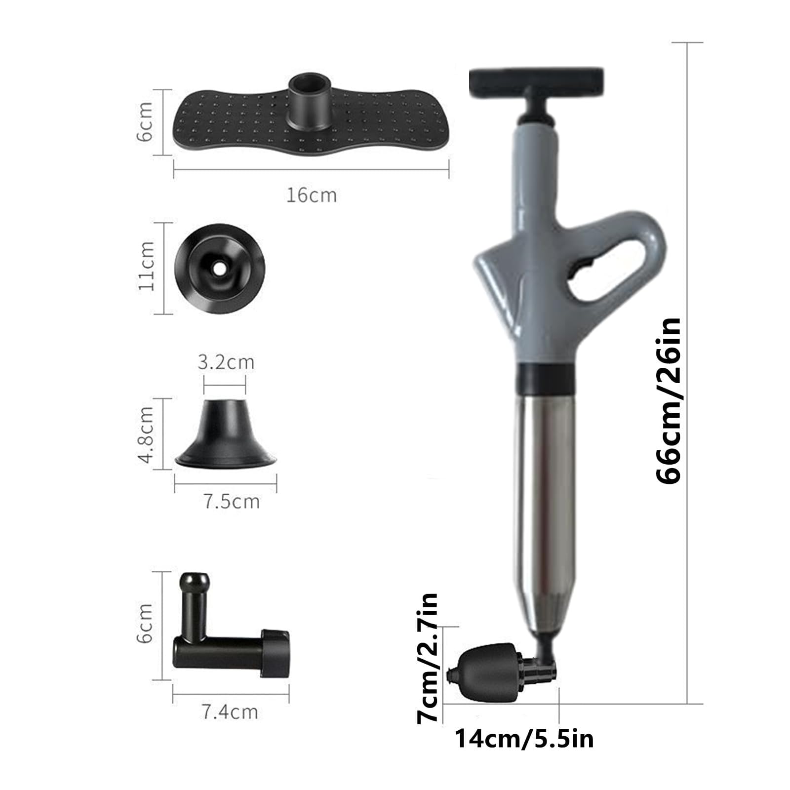 Toompel, kit di scarico dell'aria ad alta pressione con 4 teste sostituibili, pompa di scarico per WC, lavabo, vasca da bagno, scarico a pavimento (grigio)