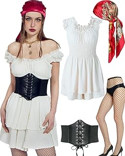minkasic Disfraz medieval de pirata para mujer, con vestido medieval, corsé de pirata, pañuelo para la cabeza, medias, color negro