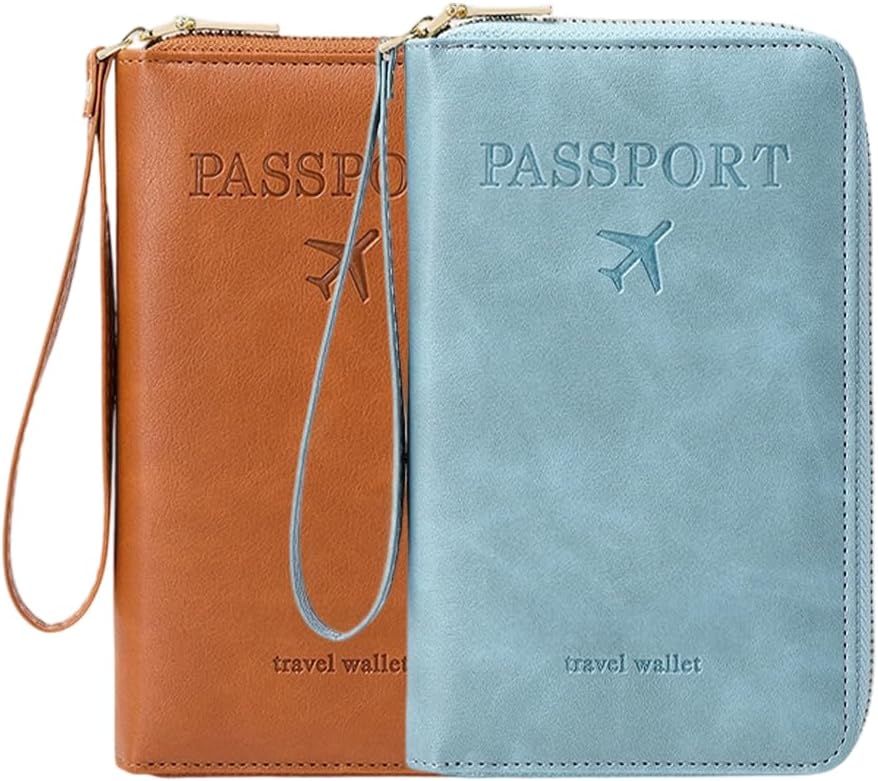 Multi-Functional RFID Passport Wallet, RFID Passport Holder for Wallet, Essential Travel Anti-Theft Wallet Storage Case, Anti-Theft Protective Case (Brown+Sky Blue)