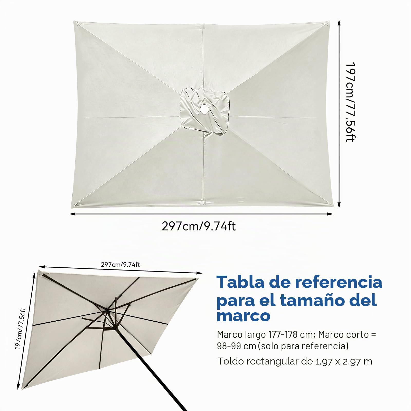 Lona de repuesto rectangular de 6 nervaduras - 197*297cm - Para sombrilla - Sin soporte - Tela de recambio - Anti-ultravioleta, beige