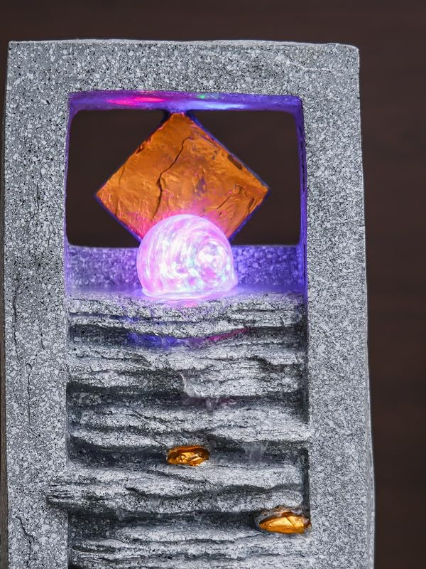 Image of Polyresin Rock Finish Table Top Indoor Waterfall Fountain for Home Decor with Yellow LED, Speed Controller Pump & Crystal Ball (Size: 40.5 x 29.5 x 22CM | Weight: 2240grm | Color: Grey)
