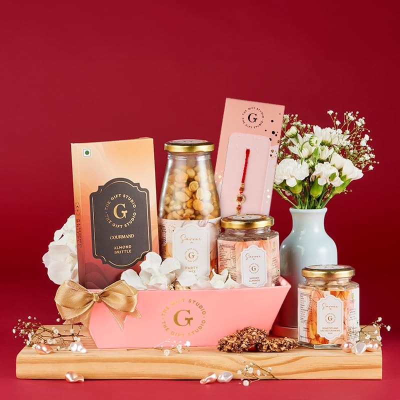 THE GIFT STUDIO.COM | Rudraksha Bliss Rakhi Hamper for Brother | Rudraksha Rakhi, Almond Brittle, Roasted Cashews, Smoked Almonds & Party Mix | Raksha Bandhan Gift-image-28