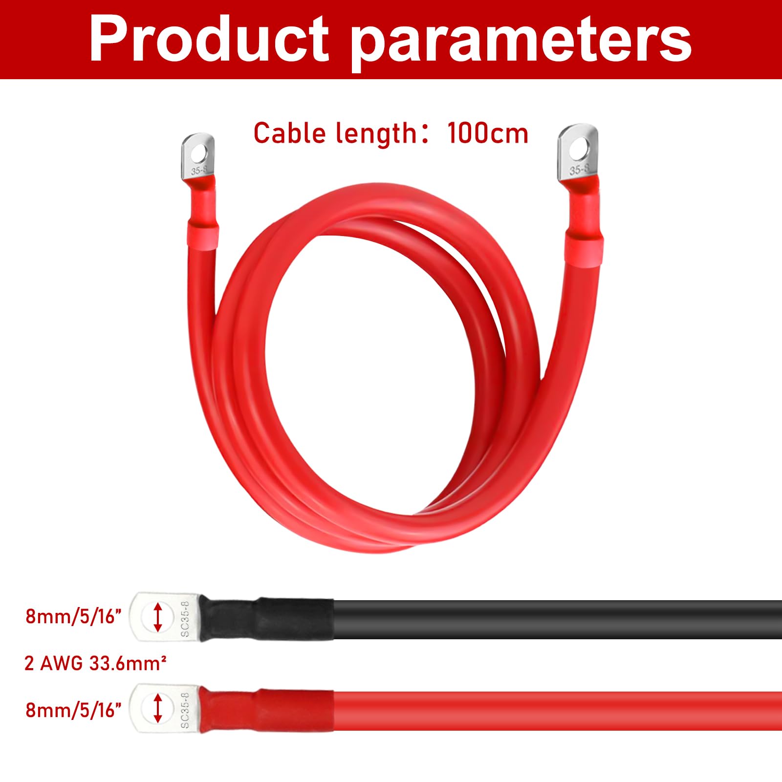 Lot de 2 câbles de batterie 35 mm²/2 AWG - En cuivre sans oxygène - Rouge et noir - 100 cm - Câble de batterie 12 V - Câble de batterie 35 mm² - Avec bornes à anneau M8 - 12 V - Pour voitures, motos