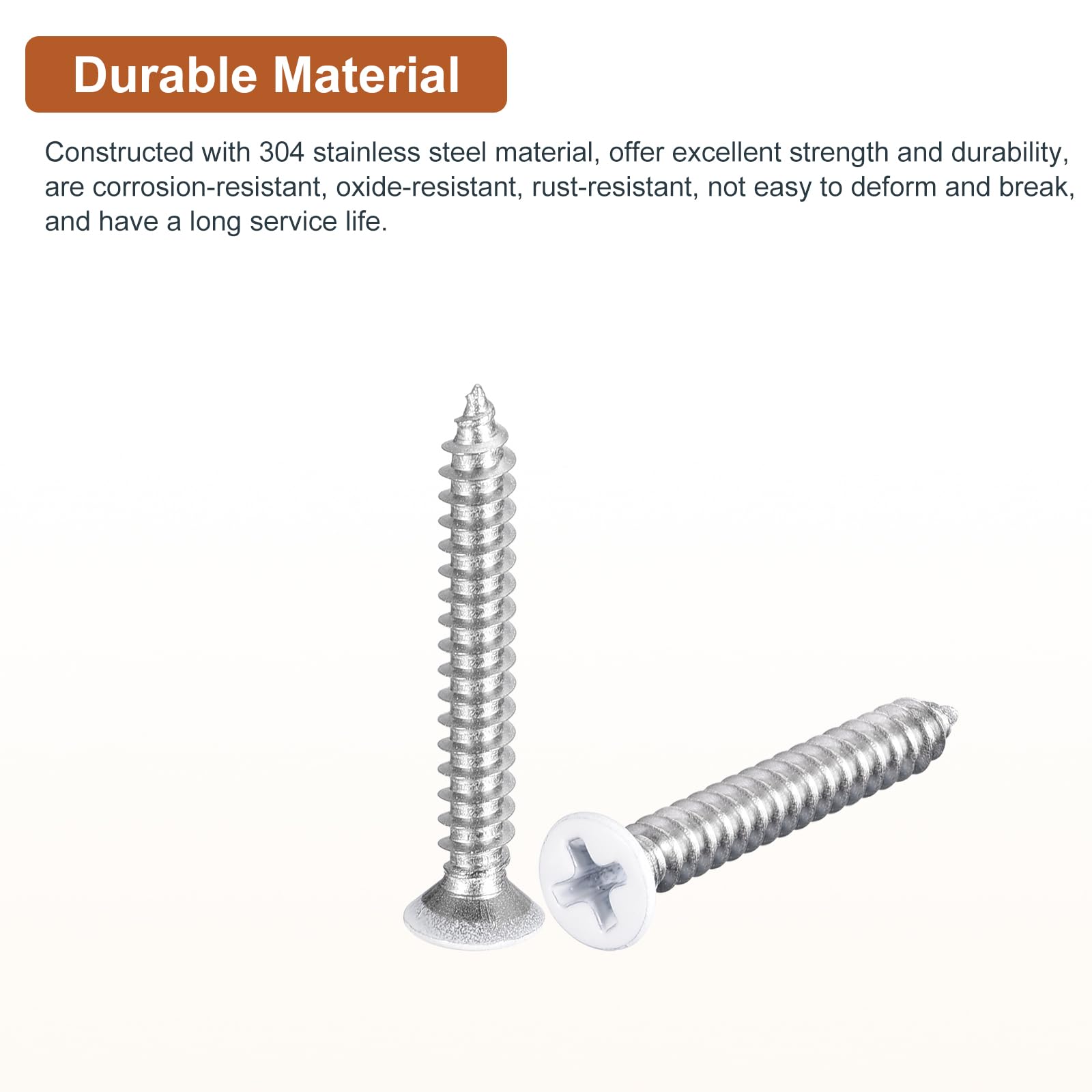 DTGN 100Pcs ST4x30mm Flat Head Wood Screws, 304 Stainless Steel White Phillips Self Tapping Screws - Image 3