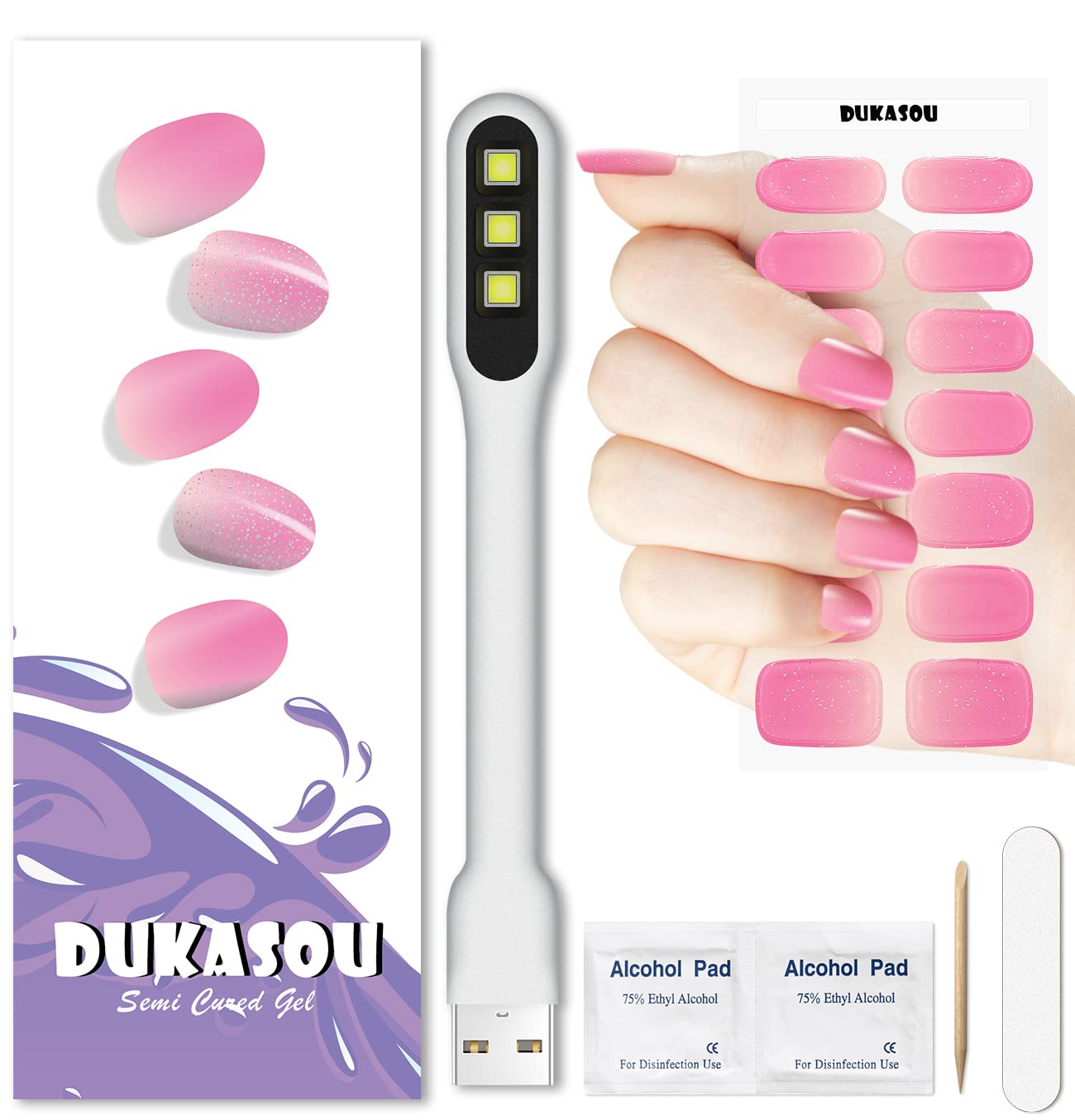 SIGNCLUBS Semi Cured Gel Strips, 28pcs With LED Light, Long Lasting Stickers Full Wraps for Women, Includes Prep Pads, File & Wood Stick (Pink Purple)