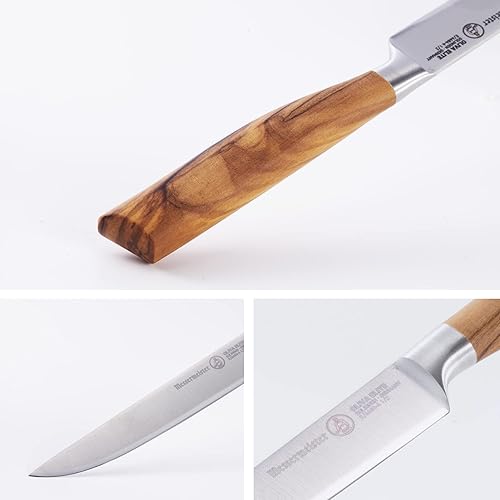 Miniatura 4 de Messermeister Oliva Elite - Juego de cuchillos para carne de filo fino, hoja fina de aleación de acero alemán y mango de madera de olivo