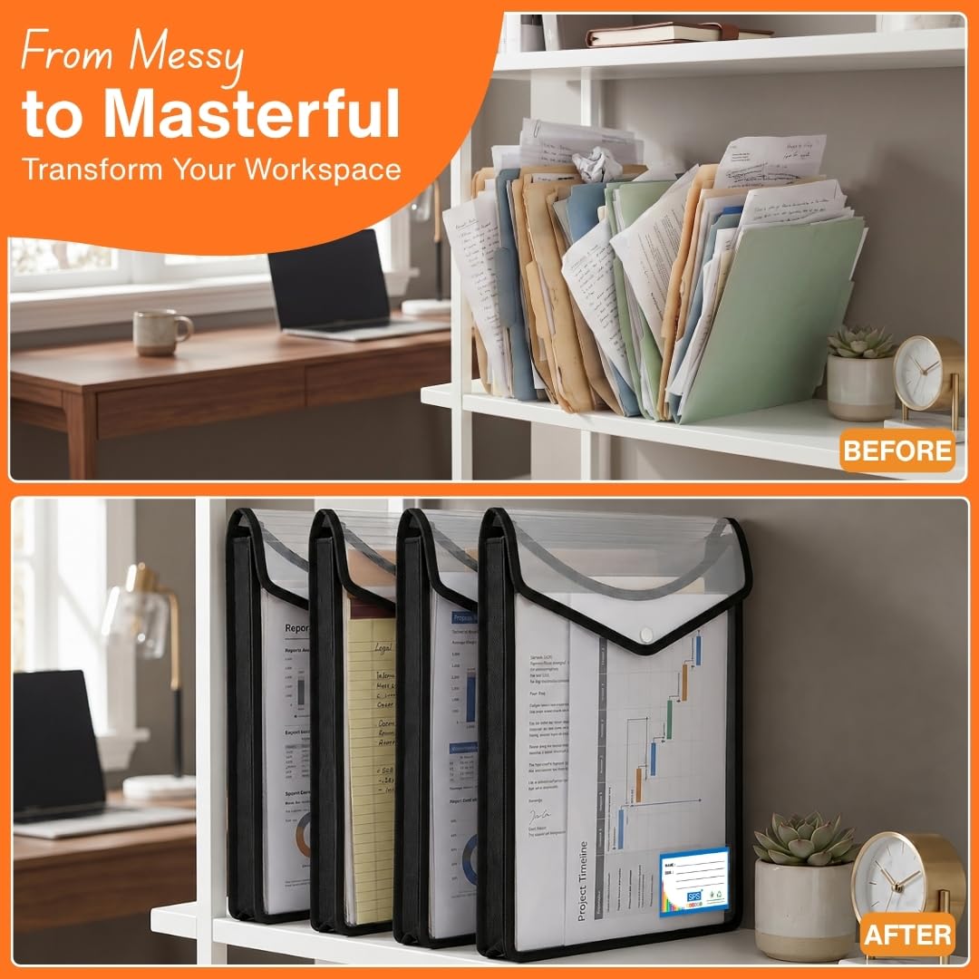 SPS Carpeta de archivos, A4 vertical de poliplástico, bolsa de almacenamiento de archivos transparente con botón pulsador, juego de 5 carpetas de archivos (vertical, negro, paquete