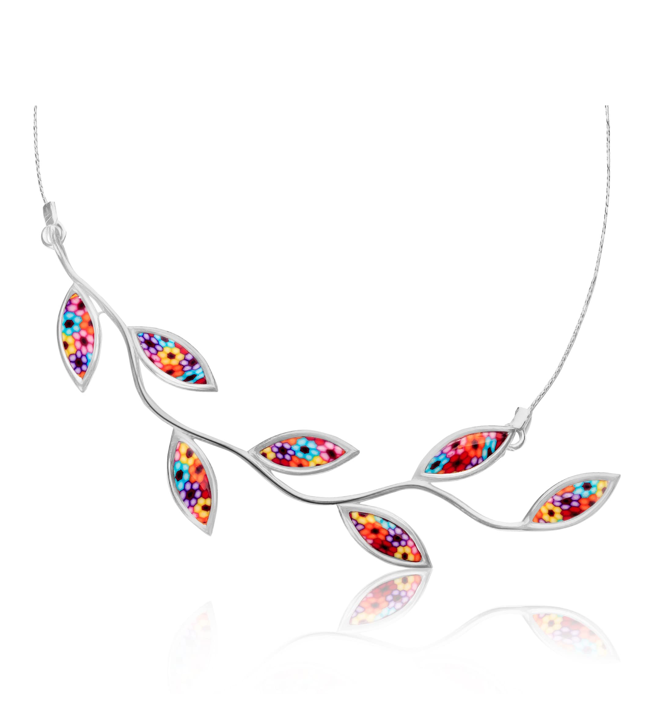NanoStyle925 Sterling Silver Large Leaf Necklace Olive Branch Pendant Handcrafted Colourful Polymer Clay Boho Nature Jewellery for Women, 16.5" Chain