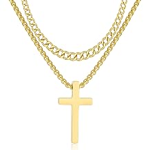 RWQIAN Cross Necklace For Men,Mens Cross Necklaces Gold Big Stainless Steel Layered Cuban Link Cross Chain For Men |24 Inch,Simple Religious Christian Cross Pendant Jewelry for Boys Gifts