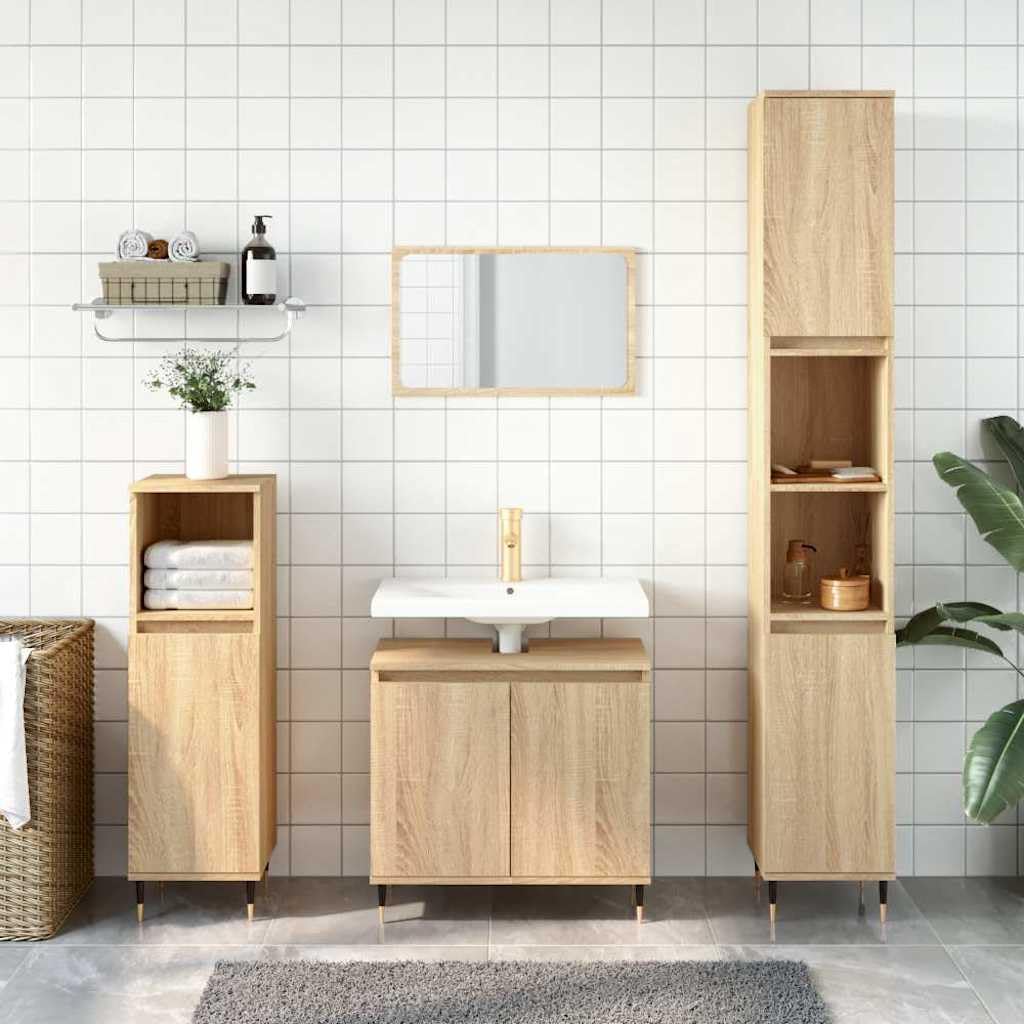 Armario de baño de roble Sonoma, 58 x 33 x 60 cm, material de madera, armario de baño con mucho espacio de almacenamiento, mueble de baño independiente, resistente a la humedad, moderno