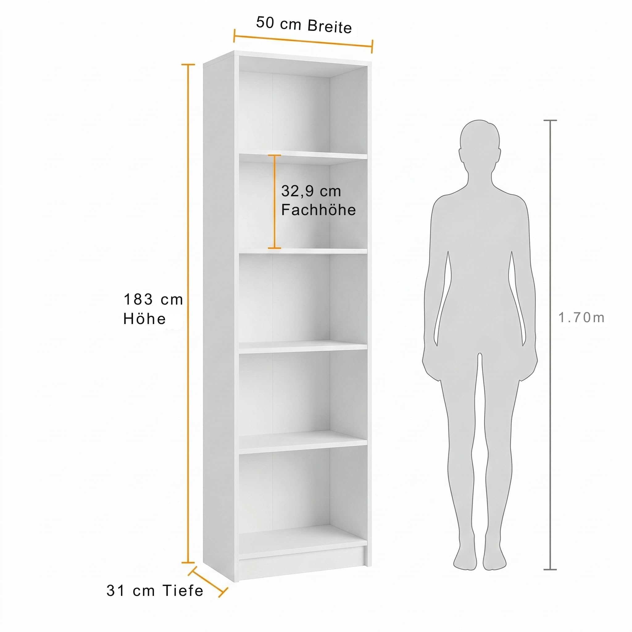 Bücherregal, 183x50x31 cm, 5-Tier Bücherschrank aus 19 mm starker Platte, Modernes offenes Standregal, Aufbewahrungsregale und Präsentationsregale für Wohnzimmer, Home Office, Schlafzimmer